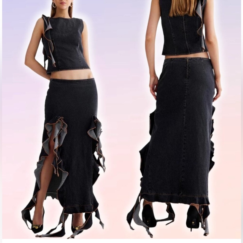 Lioness Black Distressed Midi Skirt